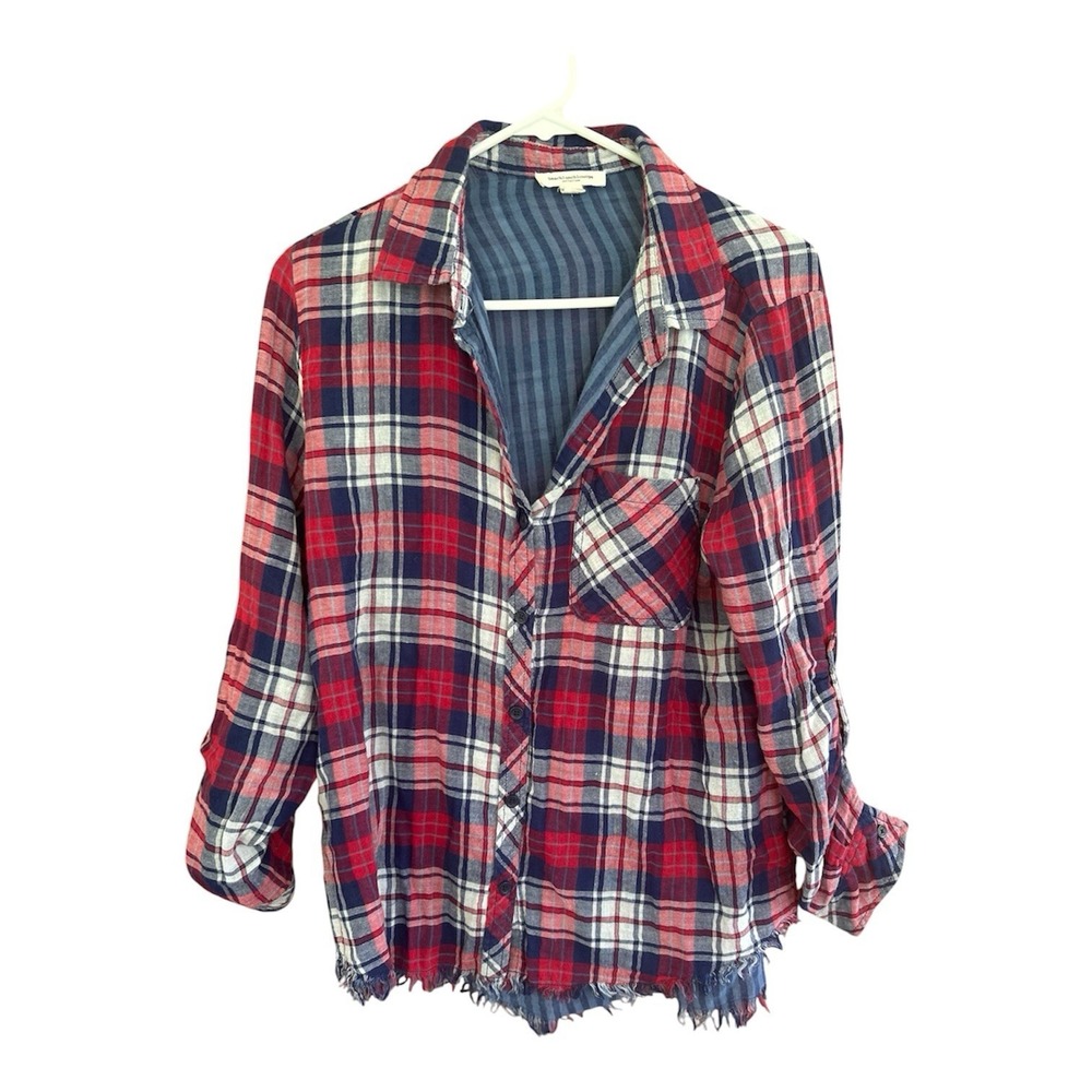 Beach Lunch Lounge Shirt Women's Medium Plaid Western Cowgirl Fringe Hem Cotton